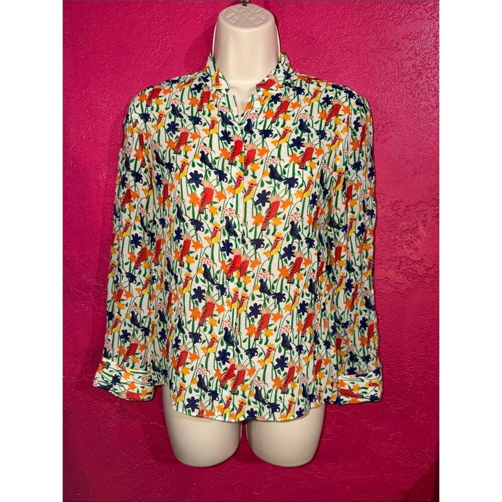 Alice + Olivia vibrant bird & Floral silk blend Blouse. Quirky, artsy. Sz XS
